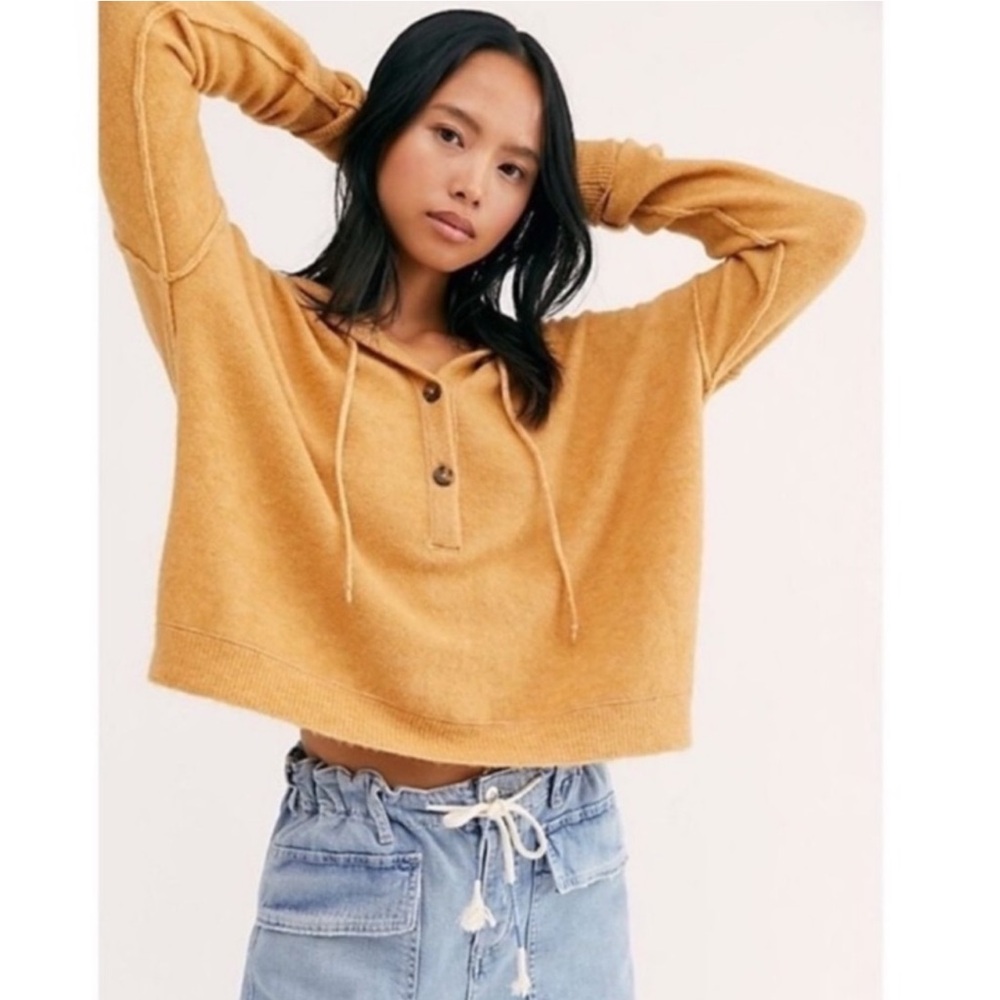 Womens Mustard Button-Henley Knit Sweater - Picture 3 of 10